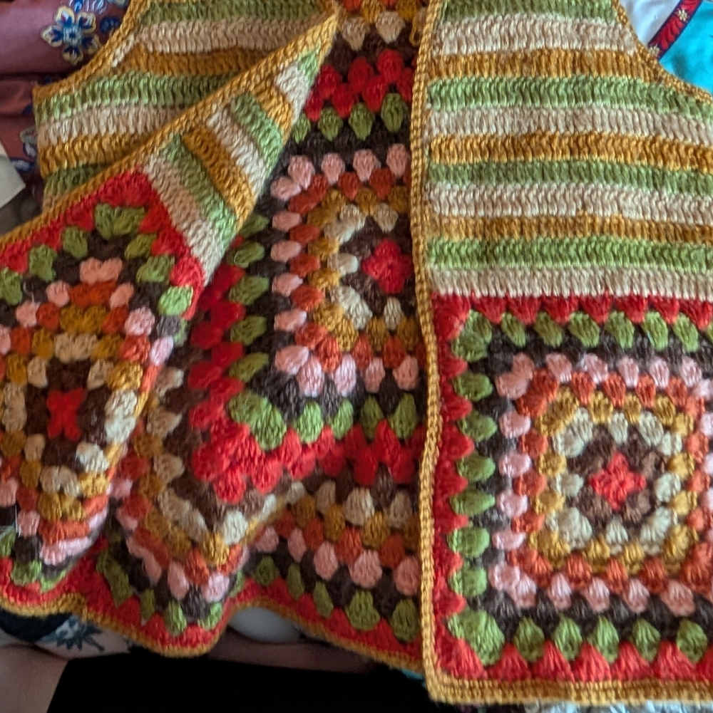 Helen Harper Vintage 60s/70s Crocheted Striped Vest - Mustard/Olive/Tan (M)